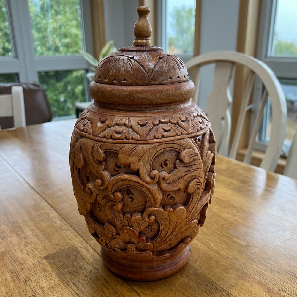 Vintage, antique carved wooden flower, Bali, tropical floral vase, art, Boho